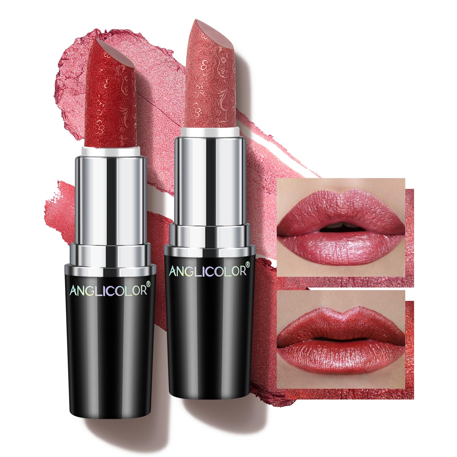 Anglicolor Metallic Glitter Red Lipstick,High Impact Shimmer Lipcolor,Long-Lasting Moisturising,Lightweight Hydrating Creamy Formula Smooth and Non-Sticky,Lipstick For Women (#01+#12, 8g)