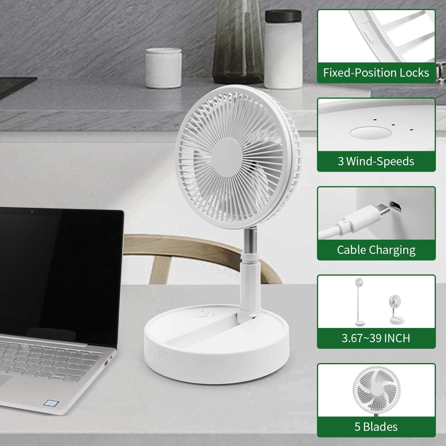 Foldaway Rechargeable Standing Fan Battery Operated 8'' for Camping, Fishing, home, Office, Outdoor Activities, 3 Speed Modes 7200 MAH with Folding Telescopic Link 39 Inch Height (WHITE): Kitchen & Dining