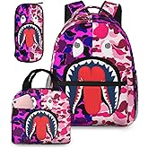 YBYGBB Backpack Shark Teeth Camo Backpacks Set with Lunch Box Pencil Case Travel Laptop Daypack Big Capacity Bookbag Fashion Durable Back Pack PINK