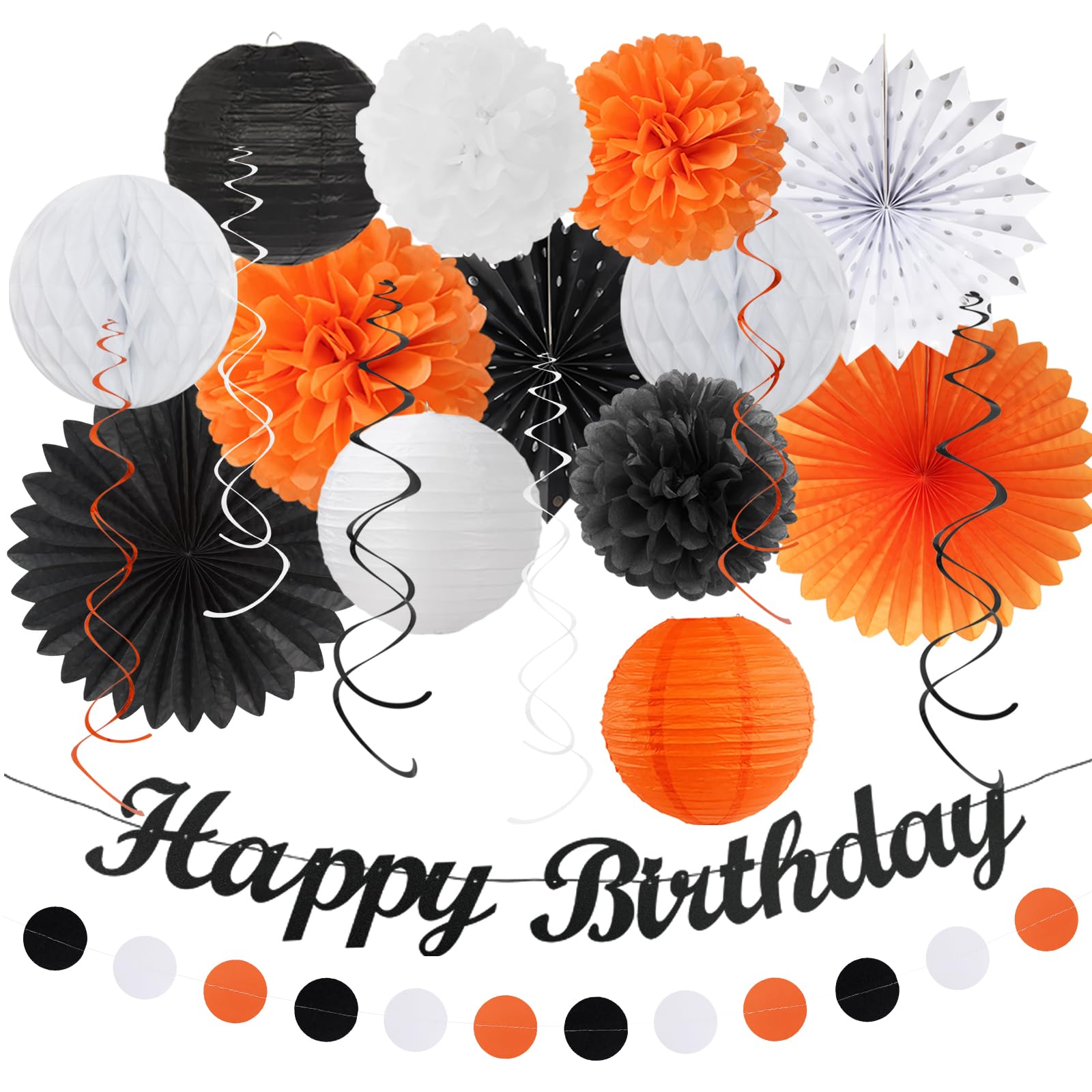 Black-White Orange Halloween Birthday Party-Decorations - 21pcs Happy Banner,Paper Lanterns Honeycomb,Tissue Pom Poms Flower Fan,Kids Classroom Hanging Streamers Garland Decor Supplies Huglony