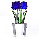 Qianwei Crystal Tulips Flowers Figurine Blue with Vase - Glass Flower Bouquet Collectible Figurines Crystal Office Home Decor Paperweight - Tulip Gifts for Women Mom Bestfriend Wedding Anniversary