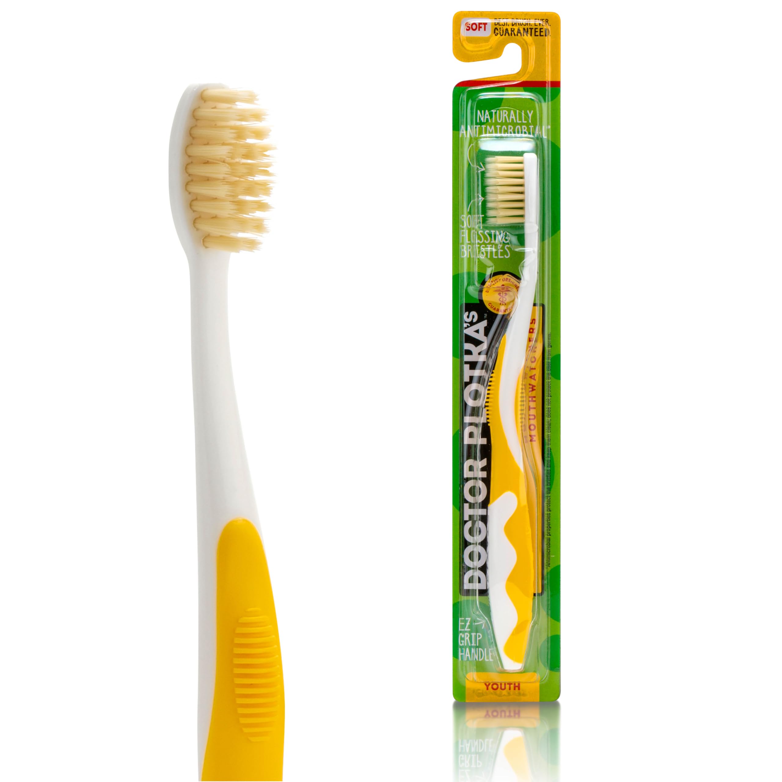 Doctor Plotka's Mouthwatchers Antimicrobial Floss Bristle Silver Toothbrush, Youth, Yellow