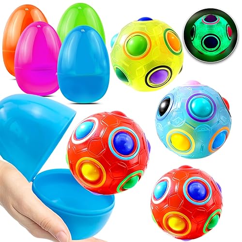 4 Pack 4'' Large Easter Eggs Prefilled Rainbow Puzzle Balls Glow in Dark Kids Fidget Easter Toys Brain Teaser Game Easter Basket Stuffers Boys Teens Adults Suprise Egg Gift Easter Filler Party Favor