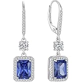 FJ Princess Cut Dangle Drop Earrings 925 Sterling Silver Square Halo Leverback Earrings Birthstone Jewelry for Women