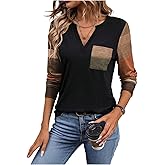 SOLY HUX Women's Color Block T Shirt Notched V Neck Long Sleeve Tee Tops Casual Fall Clothes