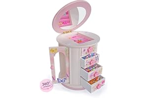 Tiny Gem - Spinning Jewelry Box for Girls Ages 2-18; Little Girl and Toddler Birthday and Christmas Gift; Flower and Butterfly White and Pink Wood Jewelry Box and Organizer; Room Decor for Accessories