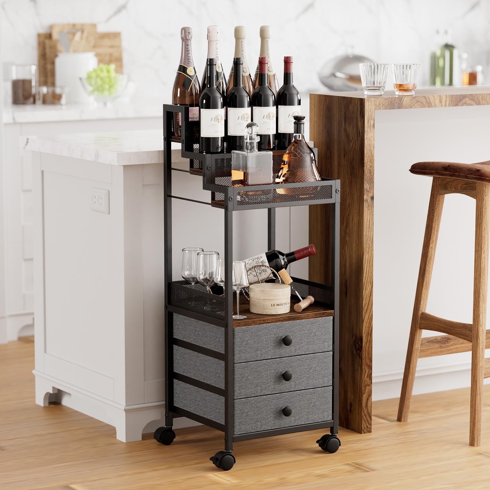 FURFUN Display Riser Stand Perfume Cologne Organizer, Rolling Makeup Storage Cart with Fabric Drawers, Floor Vanity Cosmetics Display Cases for Skin Care Nail Polish Figures Rustic Brown Ladder Stand