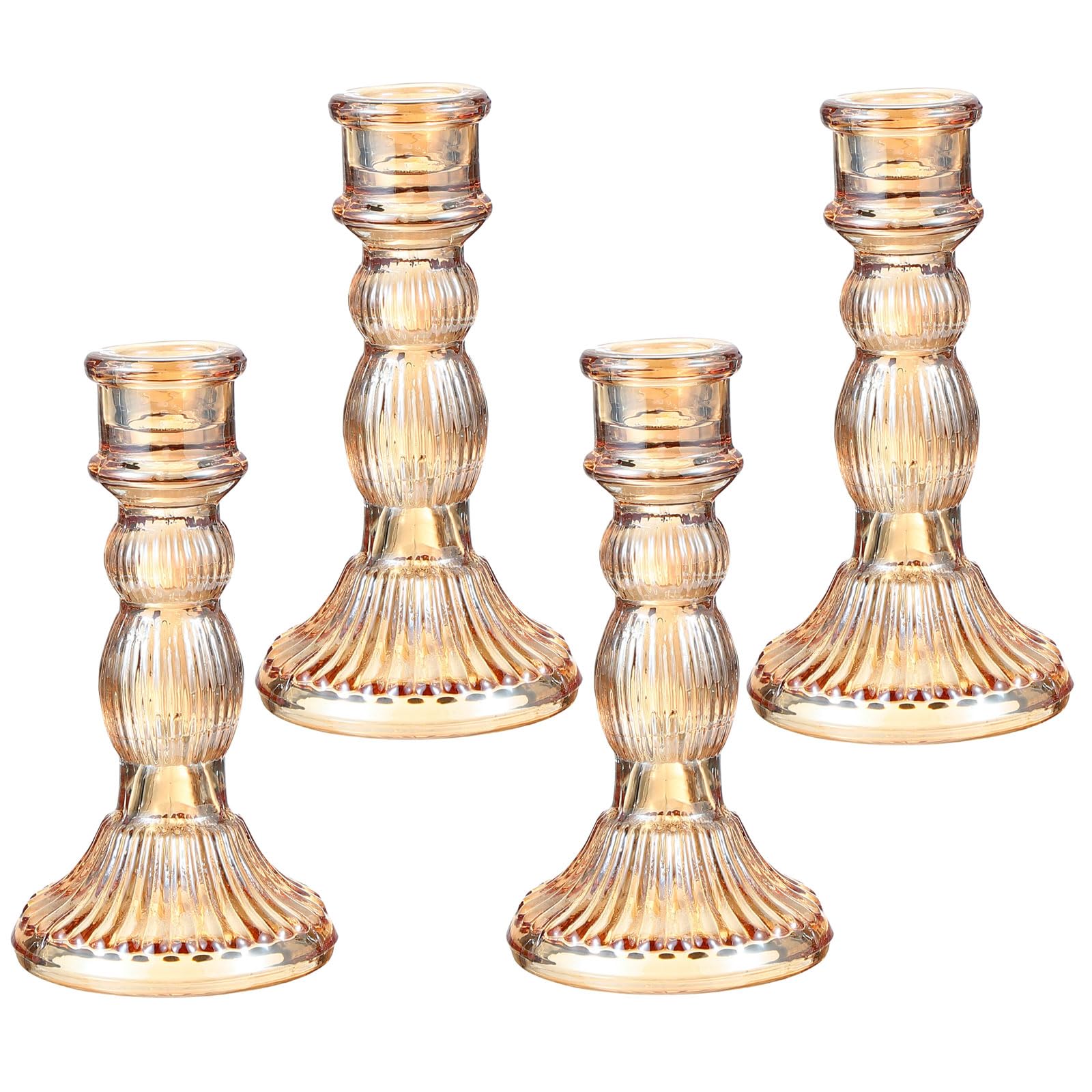 PATIKIL Glass Candlestick Holders, 4 Pcs Striped Gourd Taper Candle Holders Glass Votive Candle Holder for Table Centerpieces Wedding Decor Dinner Party, Amber