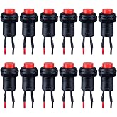 DMWD 12-Pack 12mm Mini Latching Push Button Switch AC 250V/1.5A 125V/3A ON-Off 2Pins with Pre-soldered Wire SPST Normal Open 1NO Micro Switch (12pcs Red)