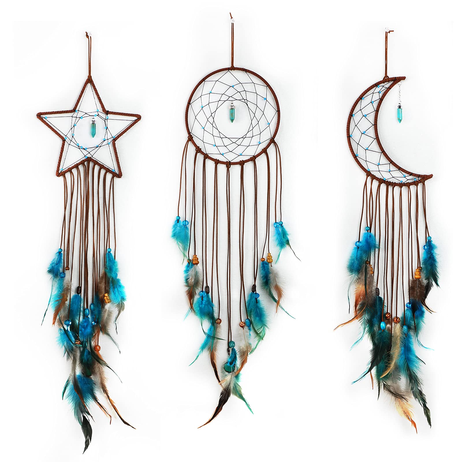 Jetec 3 Pcs Dream Catcher Moon Sun Star Design Handmade Traditional Design Craft Ornament Wall Art Hanging Home Decoration Bedroom Wedding(Classic Style,Dark Blue)