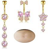 MODRSA Gold Belly Button Ring Dangle Belly Rings Silver Pink Dangling Dangly Belly Button Piercing Hypoallergenic Surgical Steel Opal Butterfly Navel Rings for Women Cute Dainty Navel Jewelry