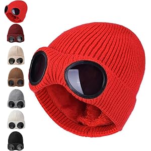 Unisex Goggle Knitted Beanie, Beanie with Goggles, Windproof Warm Winter Skull Cap