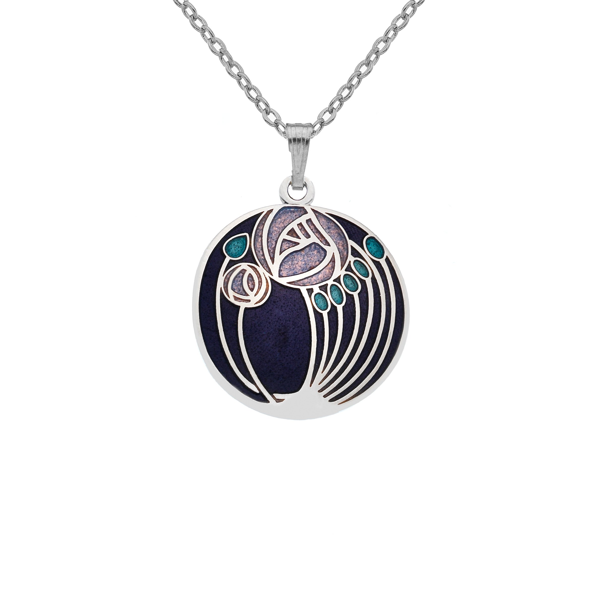 Sea Gems Rennie Mackintosh Fine 22mm Enamel Rose & Bud Round Necklace - 7316 (Purple/Lilac)