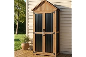 Ketive Outdoor Storage Cabinet, Wood & Metal Storage Shed with Weather-Resistant Roof, Adjustable Shelf, Lockable Doors & Adjustable Feet, for Garden, Patio, Backyard, 27.5" x 13" x 67" (Brown+Black)