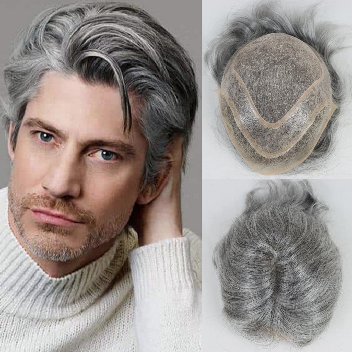 Photo 1 of HAPPY&CC Toupee Men Mono Top with PU around and French Lace in Front Mens Toupee 20% 1B Black Color Mixed 80% Grey Hair Replacement System for Men(10X8,1B80)