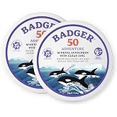 Badger Reef Safe Mineral Sunscreen SPF 50, Zinc Oxide, 2.4 oz Tin (2-Pack) | 98% Organic, Zinc Oxide, Non-Toxic, Water Resistant, Travel Size, Unscented, Travel sunscreen tin, Adventure sport sunblock