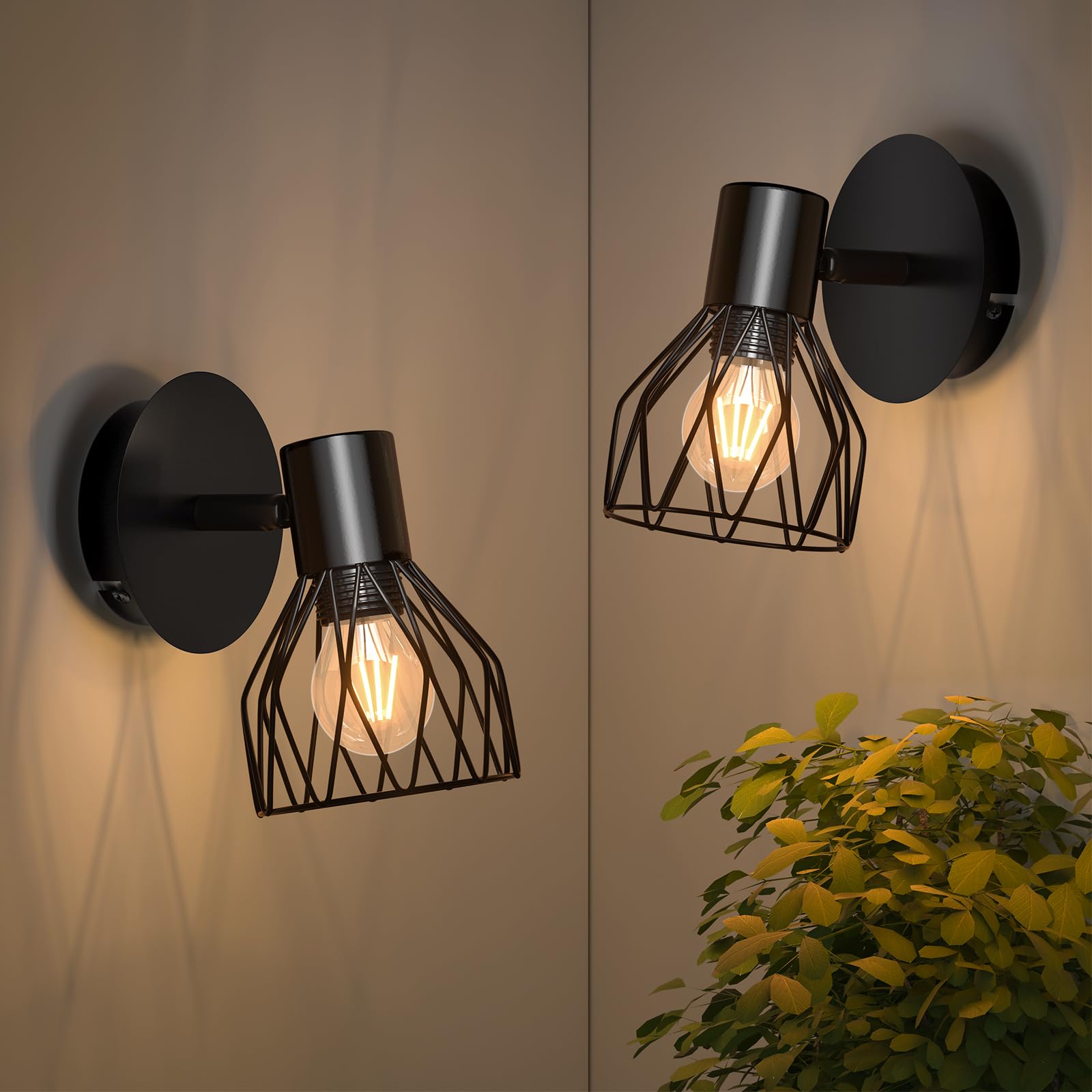 Kimjo Wall Lights for Bedrooms - Black Wall Lights for Living Room Rotatable - Wall Lamp Industrial Wall Lighting Fixtures E14 - Bedside Wall Lights Indoor Wall Sconce Lights 2 Pieces