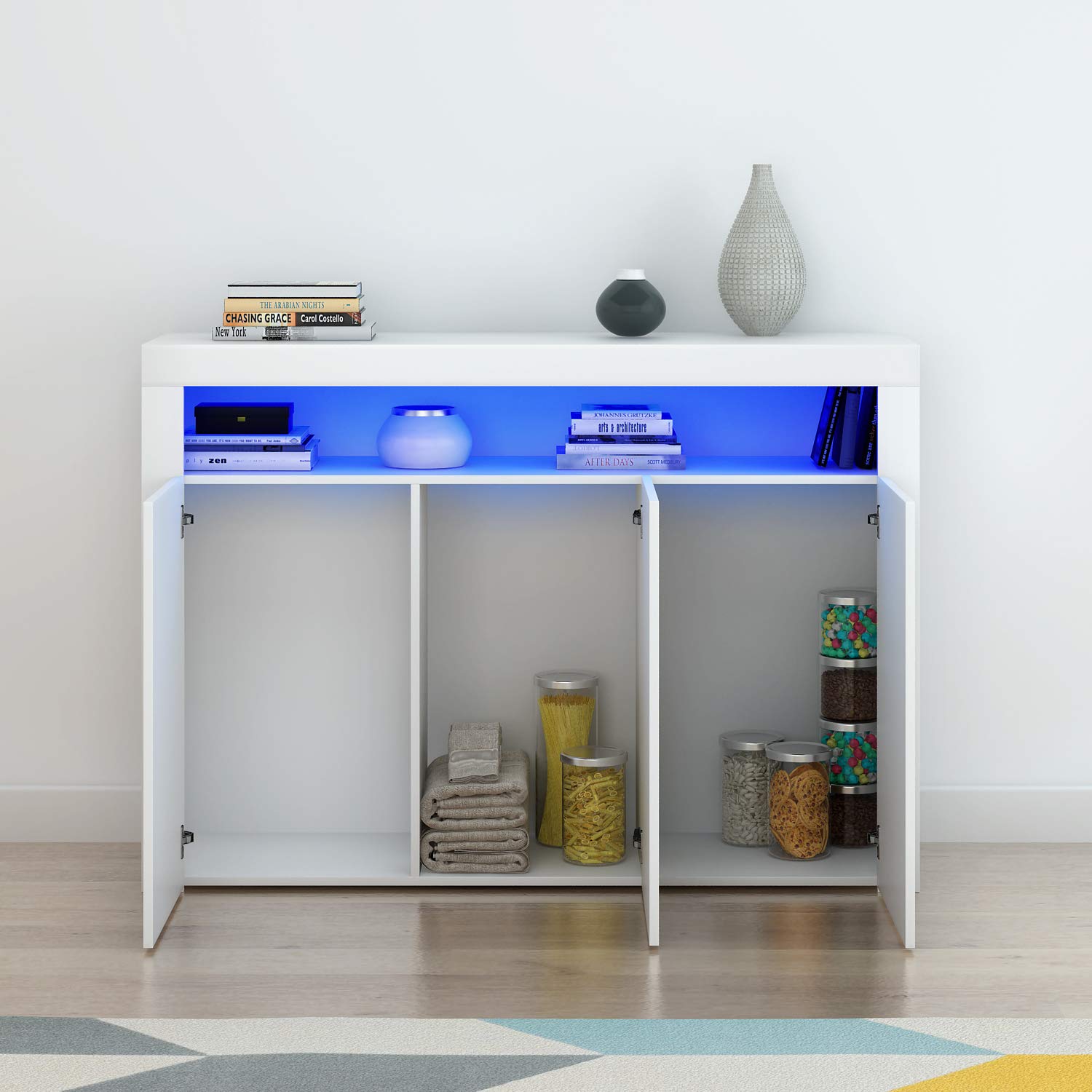 Panana Modern Sideboard High Gloss Fronts 3 Door Storage Cabinet Cupboard With Rgb Led Lights Living zebec of north america