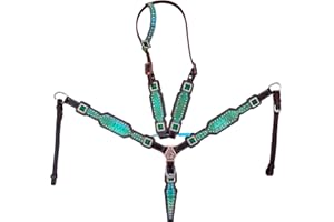 Leather Arrow Tooled Browband Headstall and Breast Collar Set for Horses, Premium Cowhide with Rhinestone Stud Design Modern 