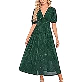 Womens Sparkly V Neck Midi Dress Shprt Sleeve Sequin Glittery Party Dress with Elastic Waist Cocktail Evening Gown