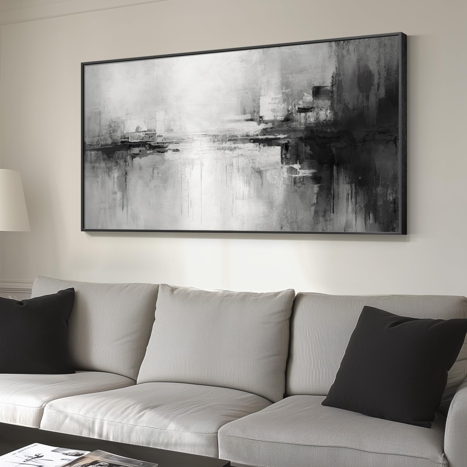Photo 1 of Framed Extra Large Black and White Abstract Canvas Wall Art, Modern Minimalist Horizontal Prints Painting Artwork for Walls, Black Grey Pictures Wall Decor for Living Room Hallway Bedroom Office 30x60 In