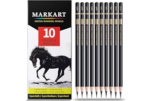 MARKART Professional Charcoal Pencils Drawing Set - 10 Pieces Soft Medium and Hard Charcoal Pencils for Drawing, Sketching, Shading