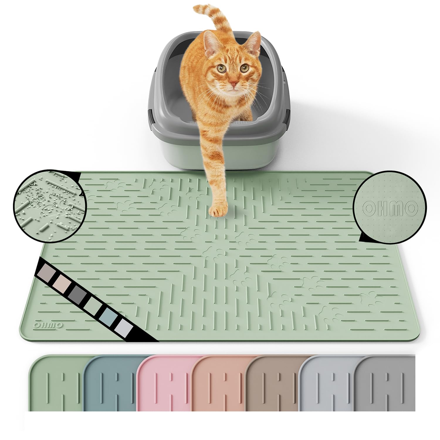 OHMO Cat Litter Mat 60 x 40 cm Sage Green Premium Silicone Trapping Mat, Easy to Clean Waterproof Kitty Under Box Trapping Mat, Keep The Floor Tidy