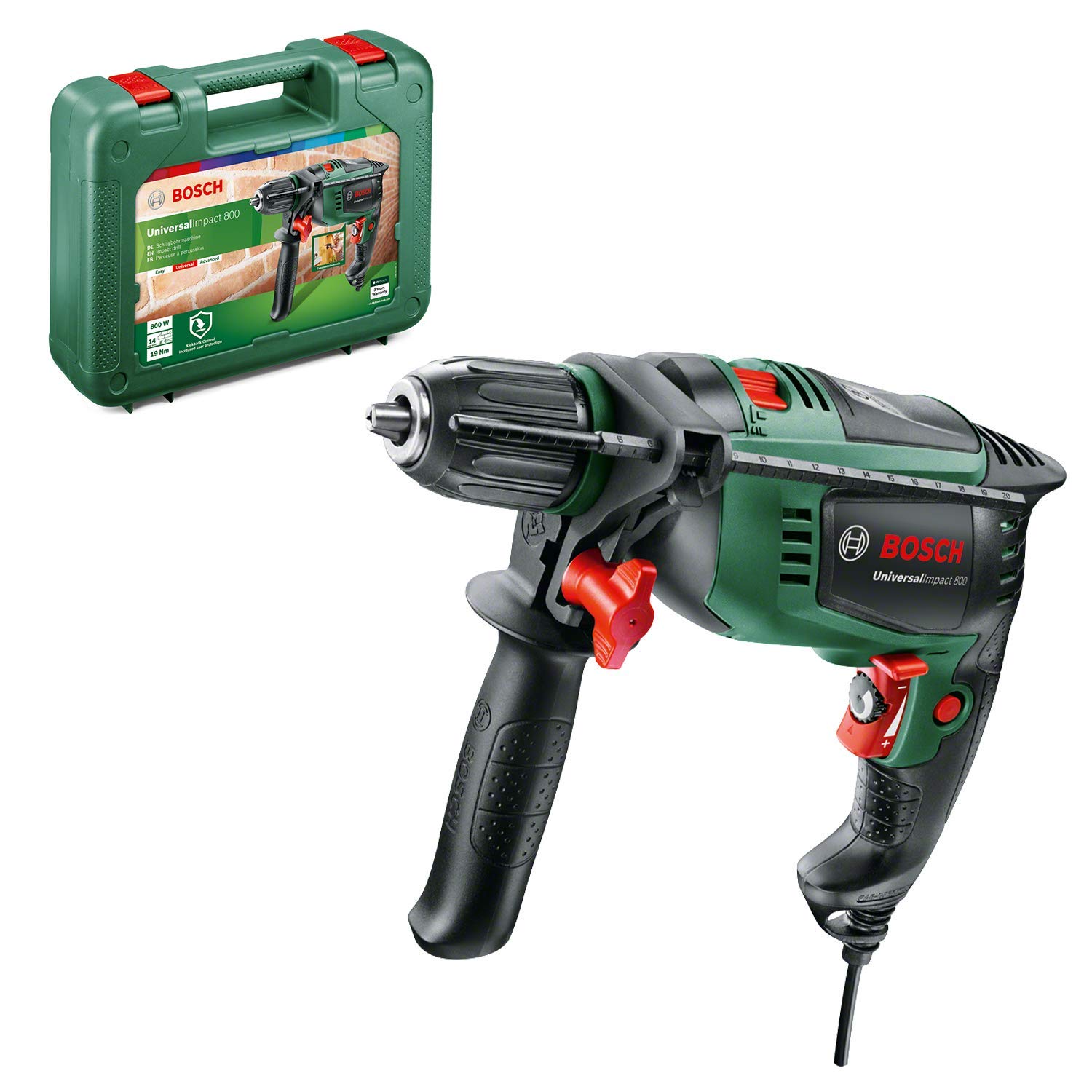 Bosch Home and Garden Hammer Drill, Universal Impact 800 (800 watt, Case), Black/Green