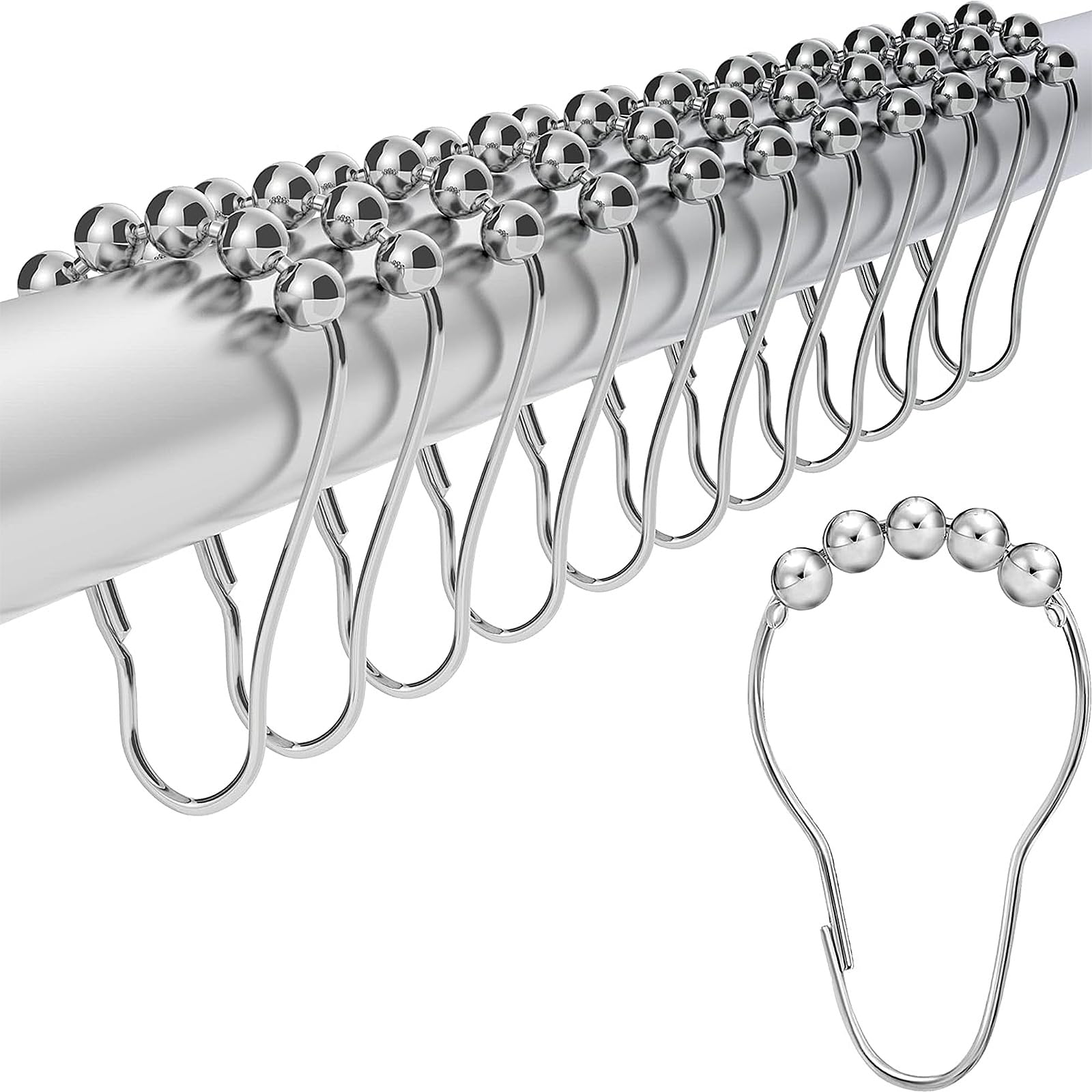 Shower Curtain Hook Rings, Stainless Steel Roller Balls Bath Curtain Rings for Bathroom Shower Curtain Rods - Set of 12