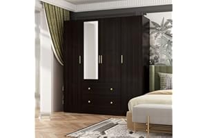 FAMAPY 4-Door Wardrobe Closet with Mirror Armoires and Wardrobes, Drawers and Shelves, Armoire Wardrobe Closet with Hanging Rod, Armoire Closet Espresso (63”W x 19.7”D x 70.9”H)