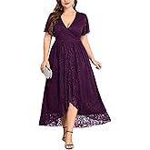 ZOMVA Plus Size Floral Lace Dress Wrap V Neck High Low Ruffle Sleeve Evening Gown Formal Dresses Wedding Guests Cocktail