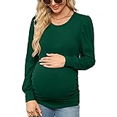Onedreamer Women's Maternity Shirts Puff Sleeve Round Neck Tunic Top Casual Pregnancy Clothes