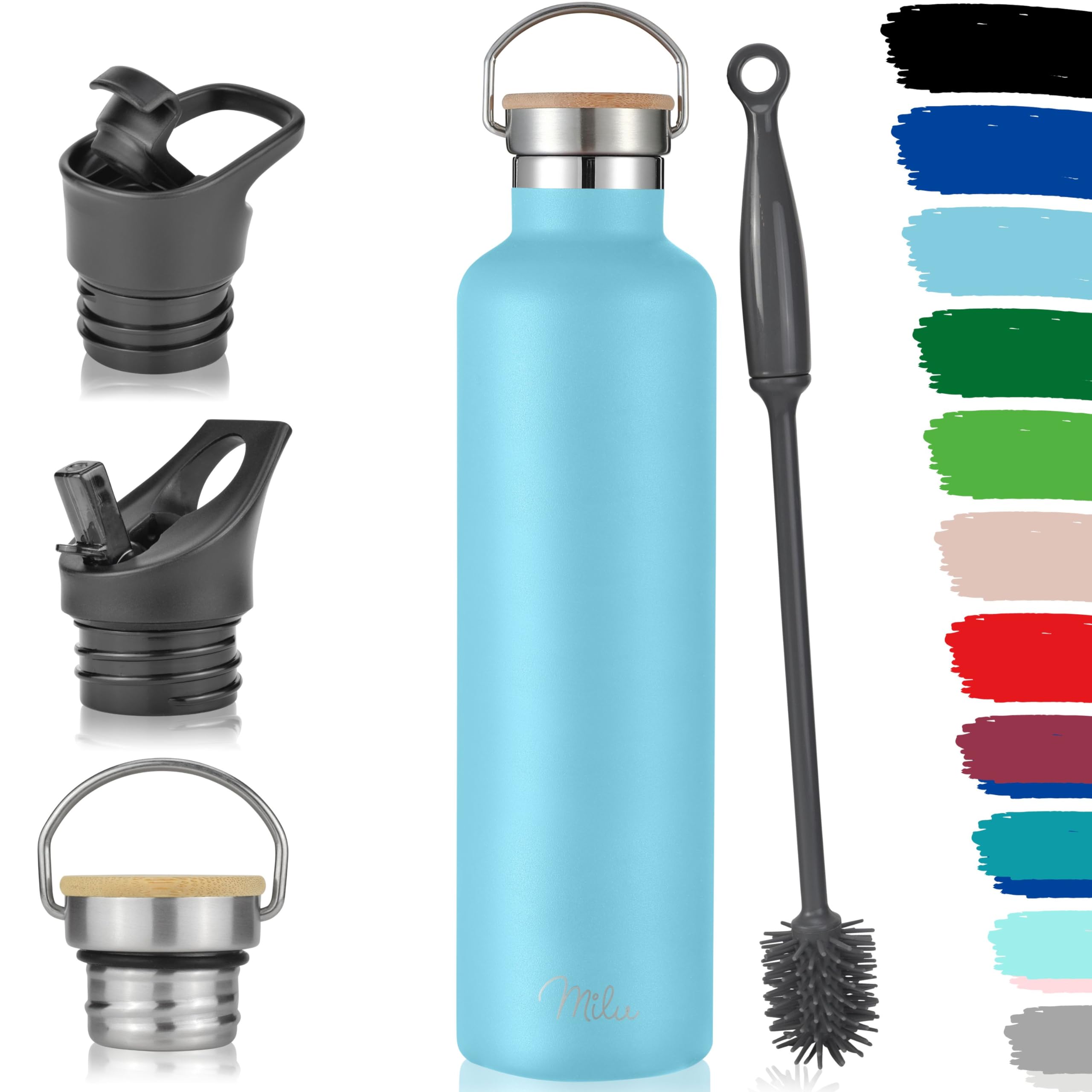 Milu Stainless Steel Drinking Bottle 350ml, 500ml, 750ml, 1l (+3 Lids) - Thermo Bottle with Straw, Water Bottle, for Hot, Cold & Carbonated Drinks (Sky Blue, 1000ml)