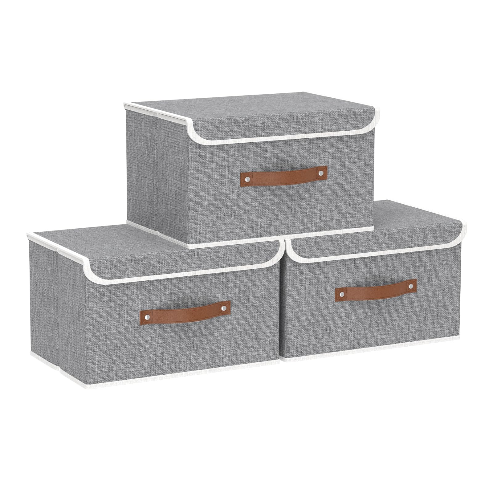 Yawinhe Storage Boxes with Lids 3 Pack, Collapsible Bin with Handle, for Organizing Clothes, 33x23x20cm, Grey, SNK018GY-S
