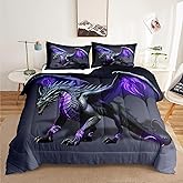 LUVIVIHOME 3PCS Dragon Comforter Set, King Size Bedding Sets for Boys, Kids, Teens - Black, Purple Dragon Bedroom Decor - Soft Microfiber Quilt - 2 Pillow Shams
