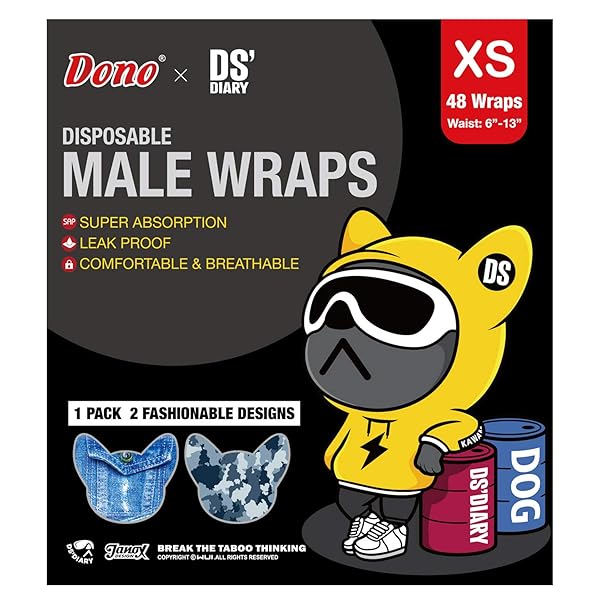 DONO DOG DIAPERS MALE DISPOSABLE MALE DOG WRAPS, 48 COUNT WIDER DOGGIE PUPPY DIAPERS MALE BELLY BANDS, SUPER ABSORBENT, LEAK-PROOF FIT, EXCITABLE URINATION, INCONTINENCE, XS