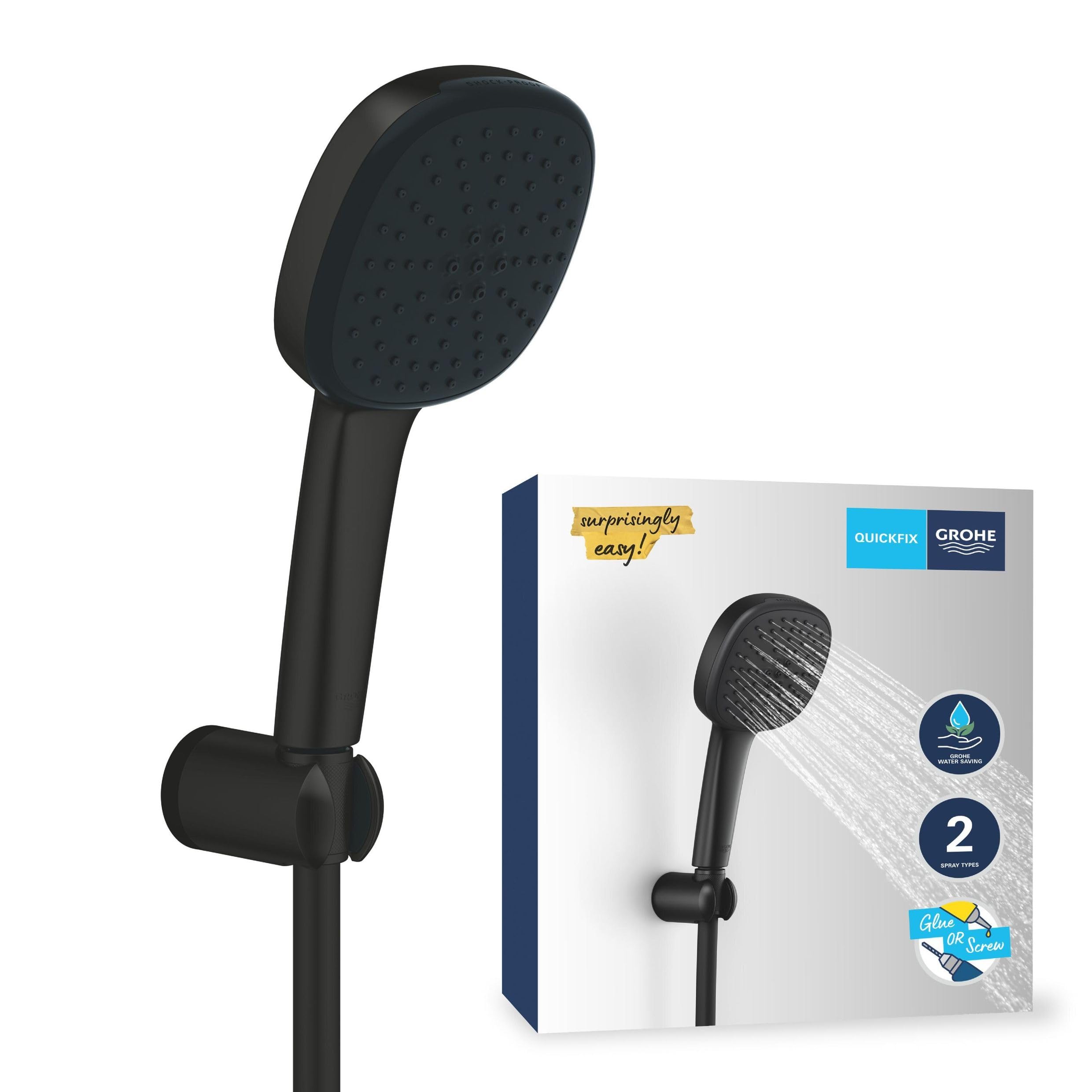GROHE Vitalio Comfort 110 QuickFix - Shower Set (Square 11cm Hand Shower 2 Sprays Anti-Limescale System, 1.75m Hose, Wall Holder, Water Saving, Easy to Fit with GROHE QuickGlue), Matt Black, 263992431