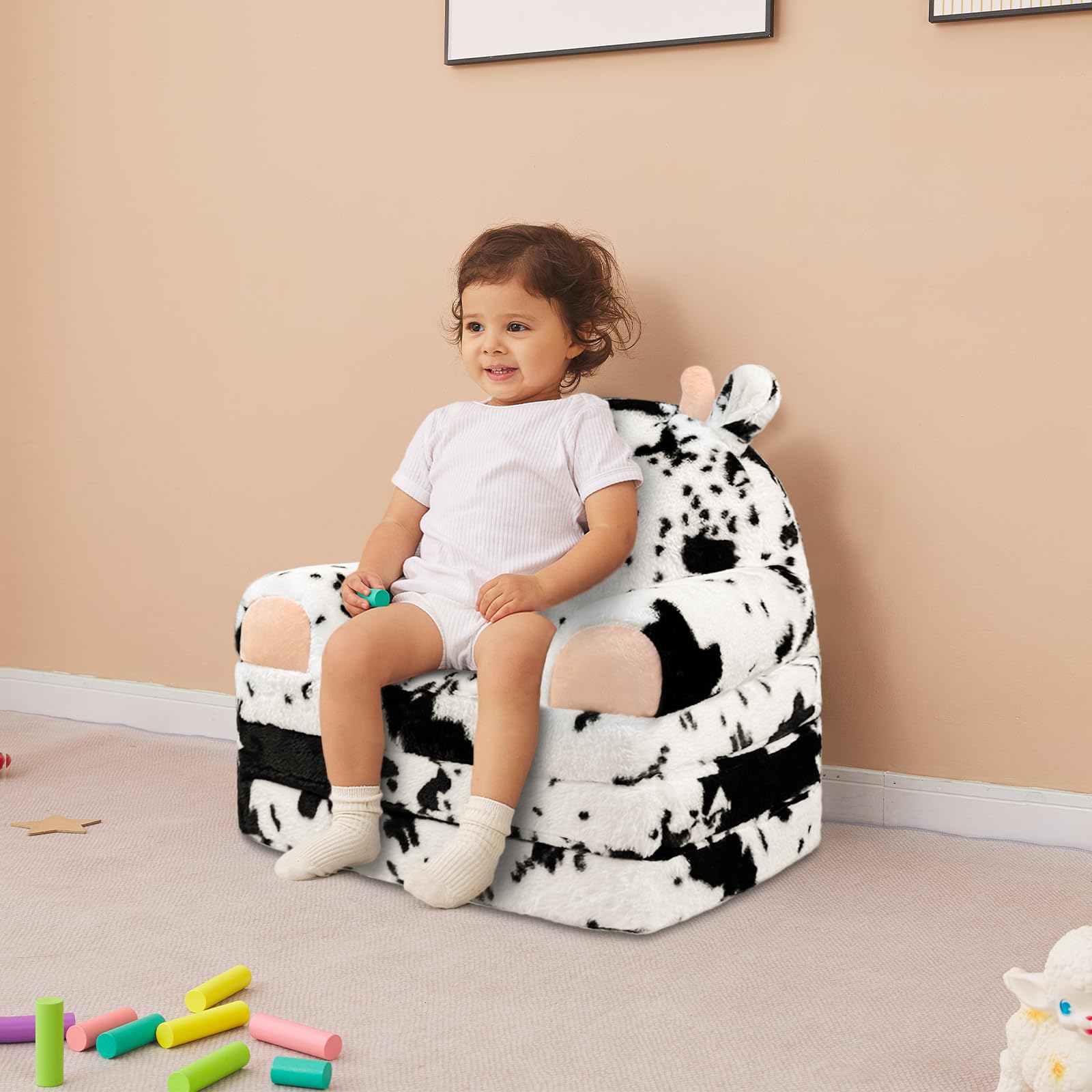 Toddler Chair Plush with Removable Cover, 2-in-1 Toddler Couch Fold Out, Cow Shell, Comfy Couch for Kids Over 18 Months, Kids Furniture for Bedroom, Playroom（Cow）