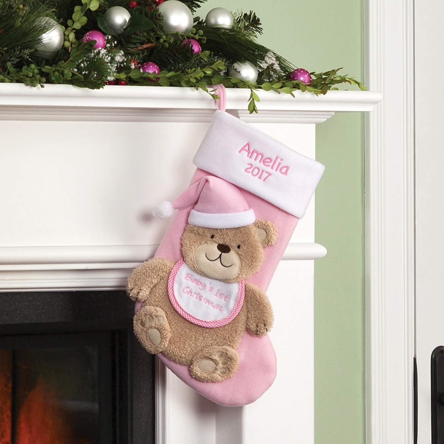 Stockings & Holders - Personalized Planet Baby Girl’s 1st Christmas Stocking with Custom Name and Year Embroidery | Pink Stocking with Baby Brown Bear 3-D Character Design | Fun Festive Christmas Keepsake | Ready to Hang