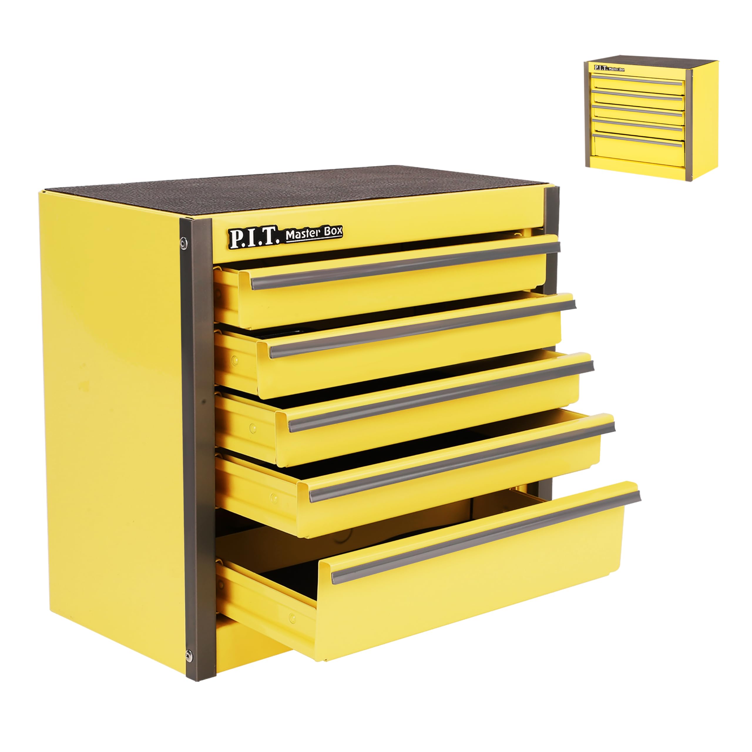 Photo 1 of P.I.T. Mini Lemon Yellow Tool Box, Portable 5-Drawer Micro Roll Cab Steel Tool Box with Liner, Lemon Yellow Small Tool Case for Tools Storage, Home DIY