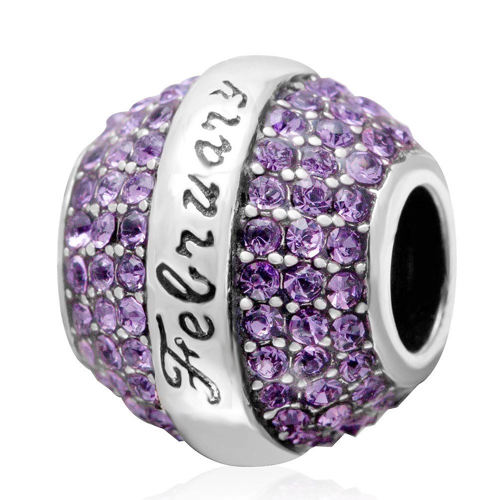 Birthstone Charm 925 Sterling Silber Geburtstag Charm Blume Charm Liebe Charm Herz Charm Jubiläum Charm Weihnachten Charm für Pandora Charm Armband(Februar)