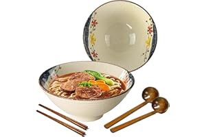 mehrido Ceramic Ramen Bowl Set, 2 Sets 1200ml Large Japanese Noodle Soup Bowls with Spoons and Chopsticks for Soup Udon Soba 