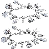 2PCS Charm Bracelet for Women Sterling Silver - Adjustable Dainty Layered Bracelets with 13 Charms, Silver Jewelry Gift for Women