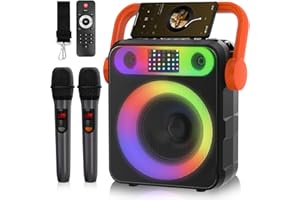 YUOIOYU Karaoke Machine with Two Wireless Microphones, Portable Karaoke Machine for Adults & Kids, Bluetooth Speaker with Bass/Treble Adjustment, PA System, LED Lights, Supports TF/USB, AUX in, FM, REC, TWS