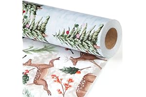 BIOBROWN Reversible Christmas Wrapping Paper - 17 Inch X 33 Feet (46.7 sq. ft. ttl.) - Doe Floral and Tree Design Perfect for Xmas, Party, Holiday Gift Wrap