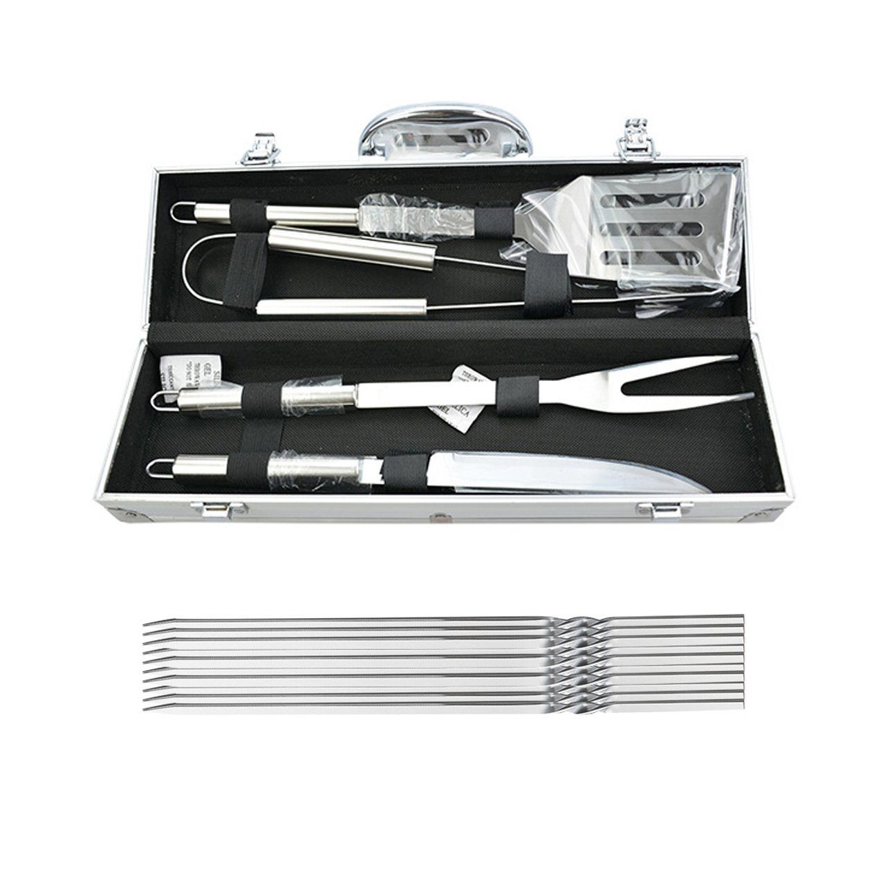 BBQ Grill Tools Set with 14 Barbecue Accessories - Stainless Steel Utensils with Portable Aluminium Case