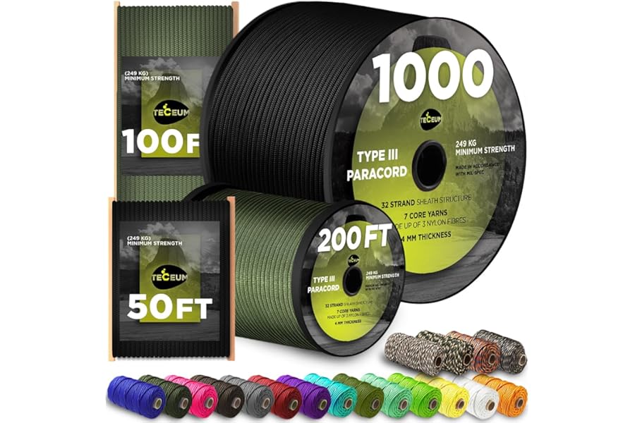 TECEUM 5/32" Paracord Rope 1000 – 1000ft / 200ft / 100ft / 50ft – Tactical Parachute Cord 4mm – 45+ Colors – Nylon String for Survival & Camping Gear – Stripe Cord for Survival – Utility Rope