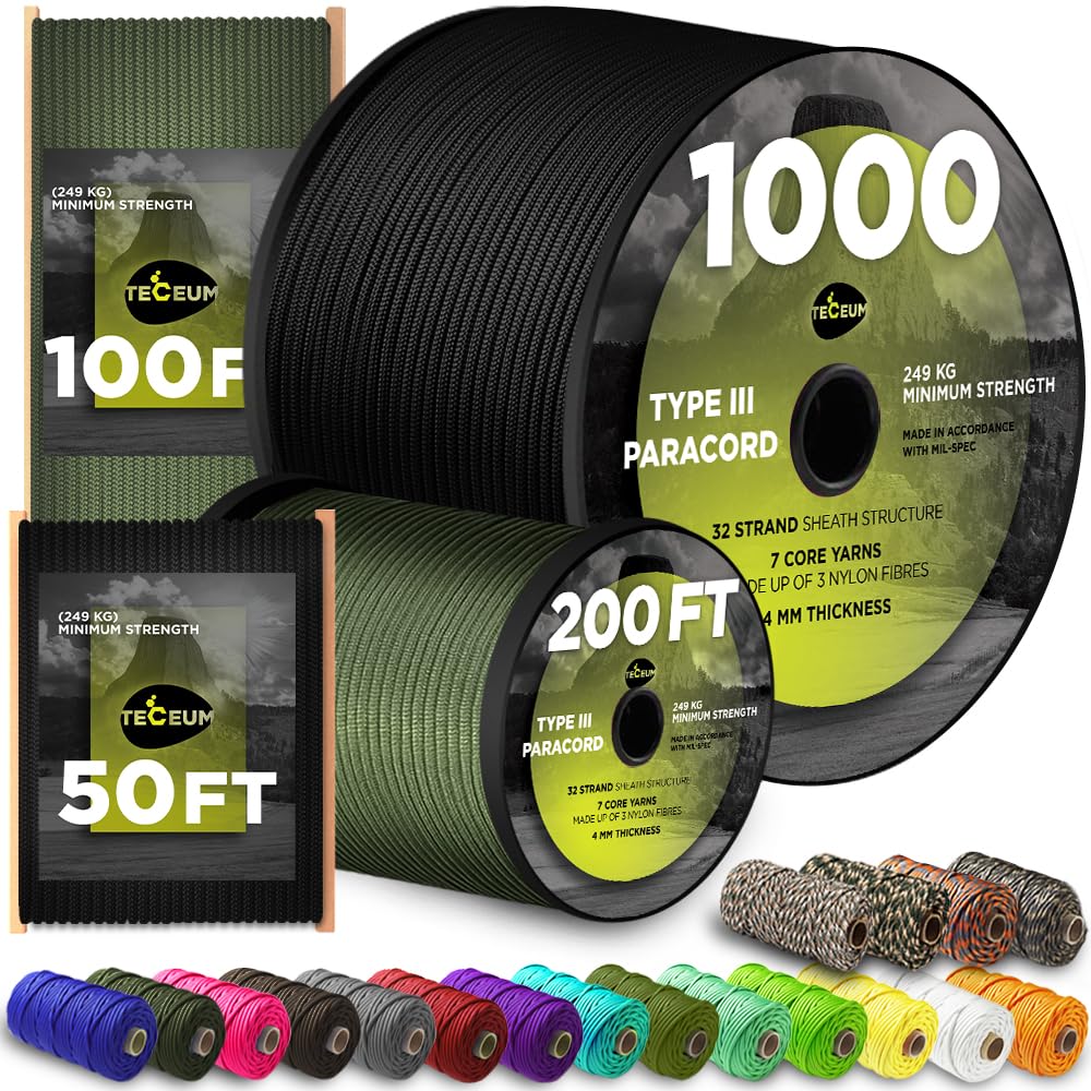 TECEUM Paracord Type III 550 Black –100 ft – 4mm – Tactical Rope MIL-SPEC – Outdoor para Cord –Camping Hiking Fishing Gear and Equipment EDC Parachute Cord Strong Survival Utility Rope 016
