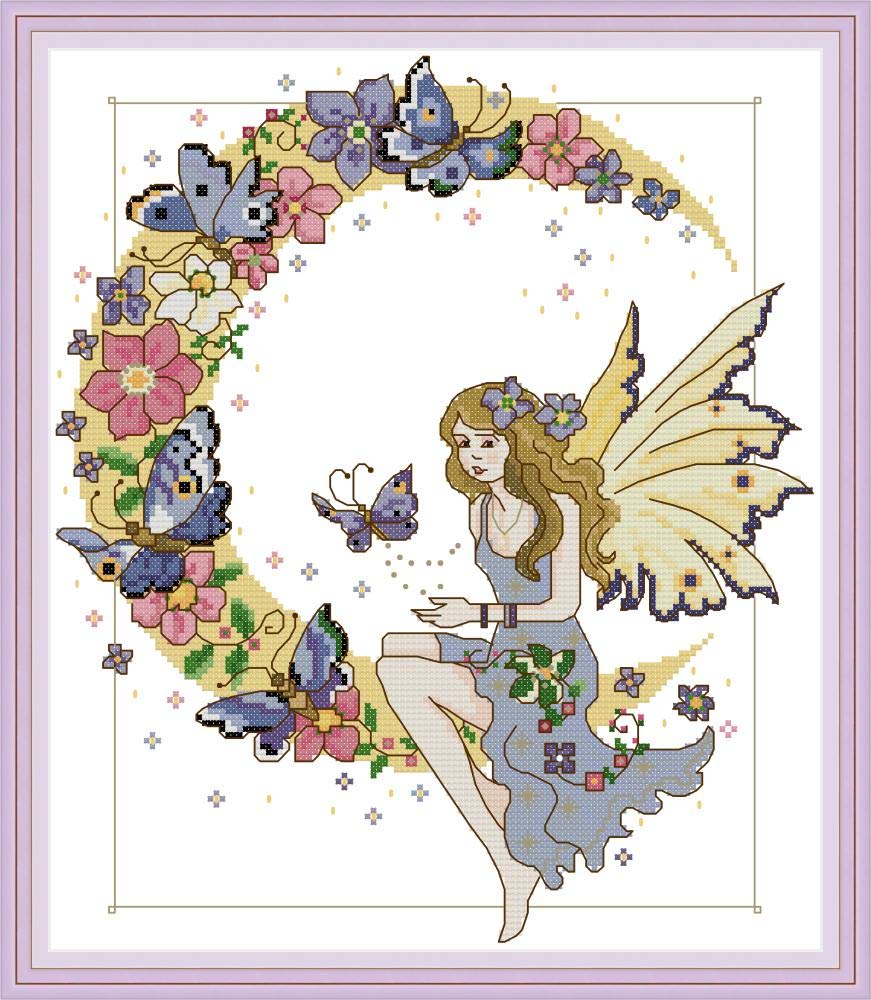 Cross Stitch Embroidery Kits for Adults Kids, WOWDECOR Beautiful Butterfly Fairy Moon Girl Flowers 11CT Stamped DIY DMC Needlework Easy Beginners