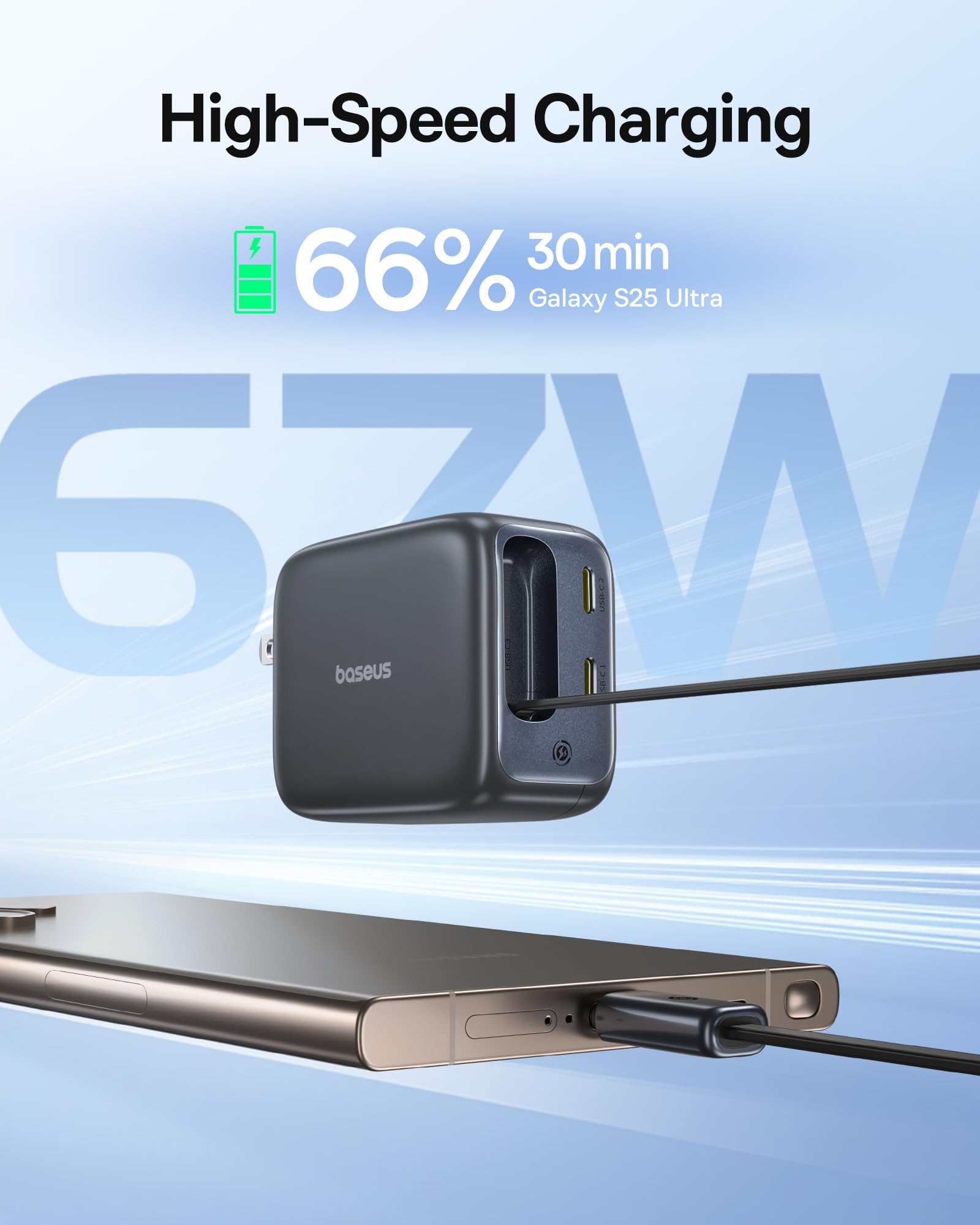 Baseus Enercore CJ11 Retractable USB C Charger, 67W 3 in 1 Fast Charging Block with Foldable Plug, PD/PPS for Galaxy S25/iPhone 17/16/15 Series/MacBook Air/Airpods 4